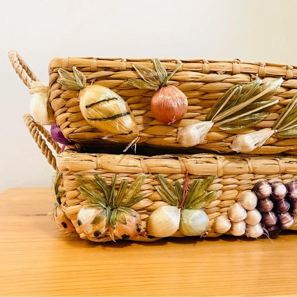 Vintage 50s - 70s Seagrass Basket Set 2 Fruit Fruits & Veggies Rectangle